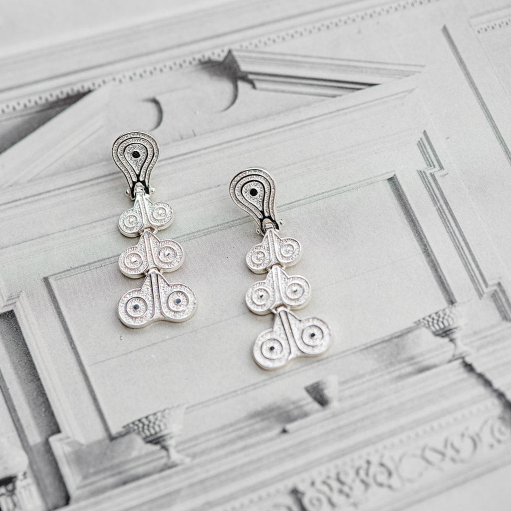 Silver earrings inspired by Ancient Greek design. Contains no nickel.