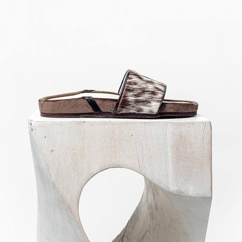 Piperi | Handmade Greek sandal with chocolate colored velvet and pepper printed cowhide.