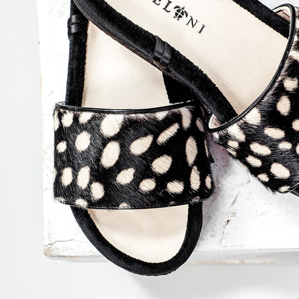 Rebekah | Sandal with rich black velvet and ivory spotted printed cowhide.