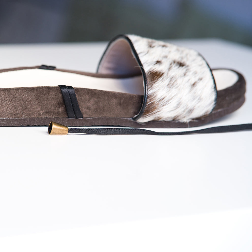 Piperi | Handmade Greek sandal with chocolate colored velvet and pepper printed cowhide.